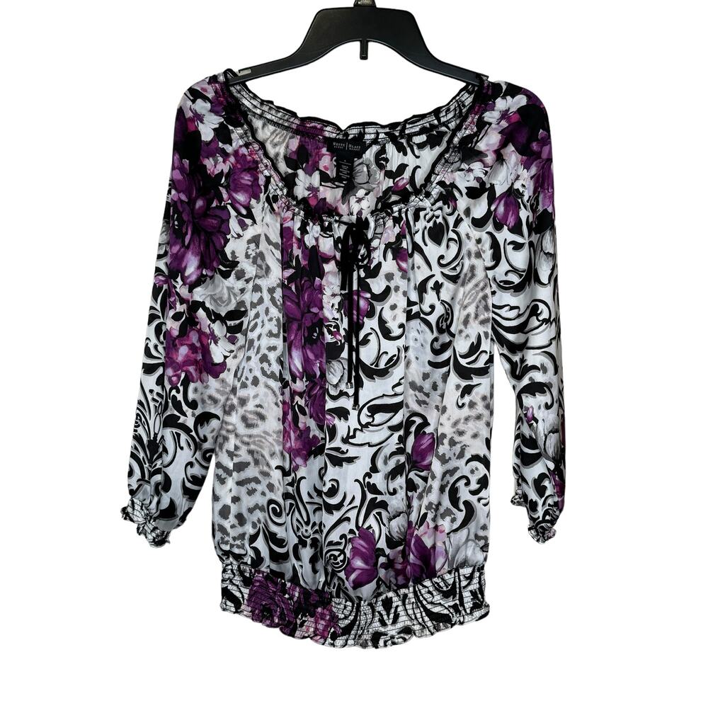WHBM Women's Top Satin Floral V-Neck Tie Chiffon Tie 3/4 Sleeves Purple Small